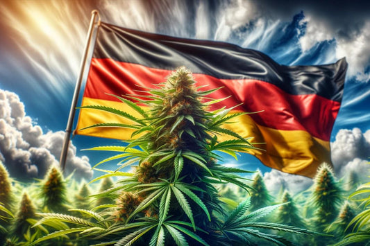 Cannabispflanze vor einer wehenden deutschen Flagge